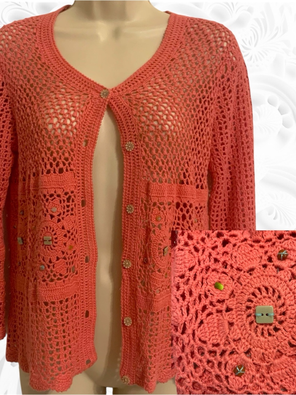 Vtg Crochet Open-Knit Wood Button & Beads Coral Cotton short Cardigan Sweater M